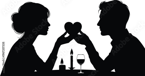 Silhouette of a loving couple on a romantic date, holding a heart together over a candlelit table, symbolizing affection