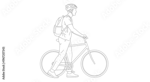 Line art illustration of a man with a backpack and helmet walking and pushing a bicycle on an isolated white background.
