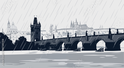 Pixelated stone bridge with statues under heavy rain and city skyline