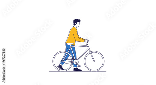 Young man walking and pushing his bicycle on an isolated white background, casual outdoor activity.