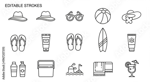 Minimalist outline icons of summer beach essentials including flip flops sunscreen hats sunglasses beach balls towels and drinks