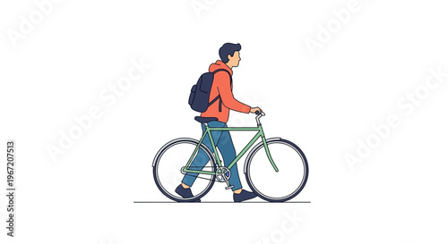 Casual Man with Backpack Walking His Bicycle on Isolated White Background