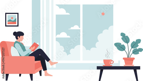 Peaceful afternoon at home An illustration of a woman relaxing in an armchair, deeply immersed in a book by a bright window, symbolizing comfort and a tranquil lifestyle
