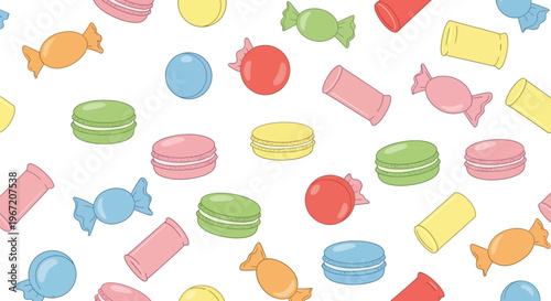 Seamless pattern of colorful assorted candies and macarons scattered playfully on a white background, sweet and vibrant.