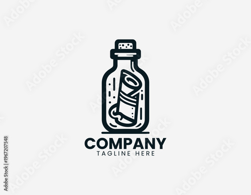 Glass bottle with rolled message inside representing communication discovery and storytelling concept in clean minimalist black vector illustration style on white background