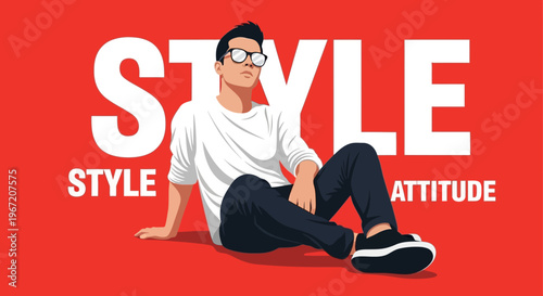 Confident and stylish young man with glasses sitting casually on a red background, expressing modern attitude.