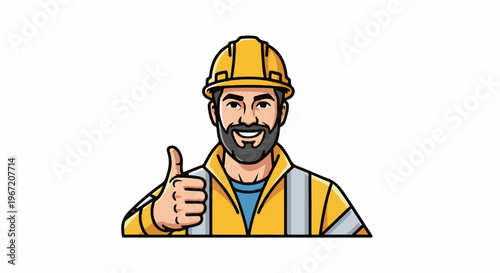 Smiling construction worker in yellow hard hat gives thumbs up