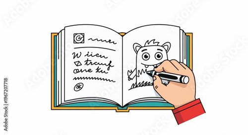 Hand drawing a monster in a notebook with writing on the left page