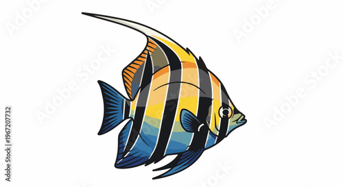 Stylized marine fish with vertical black, yellow, orange, and blue stripes