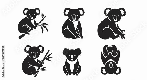 Six distinct black silhouette koala designs on a white background