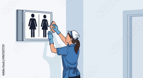 Woman in uniform cleans a restroom sign