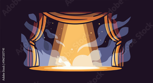 Spotlight illuminates an empty stage with dramatic curtains and wisps of smoke