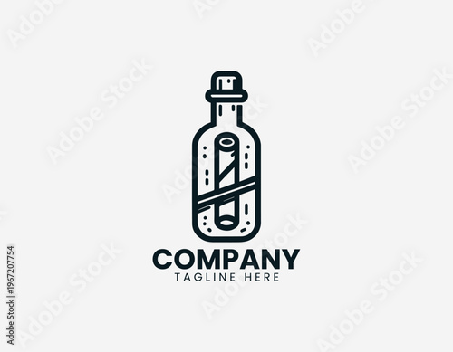 Glass bottle with rolled message inside representing communication discovery and storytelling concept in clean minimalist black vector illustration style on white background
