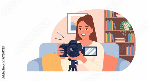 Smiling woman holds camera on tripod, seated on couch with bookshelf behind