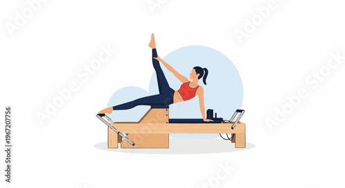 Woman performing a Pilates exercise on a reformer machine