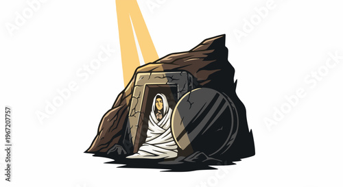 Figure emerges from tomb under divine light