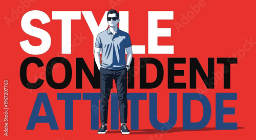 Stylish Confident Man with Sunglasses and Fashion Text on Red Background
