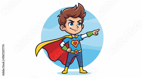 A young boy dressed as a superhero with a cape and heart emblem