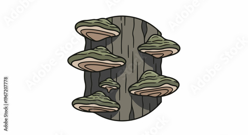Stacked, shelf-like fungi grow on a weathered, dark gray tree trunk
