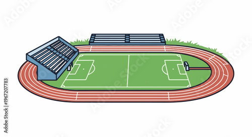 Oval running track surrounds a green soccer field with blue stadium seating