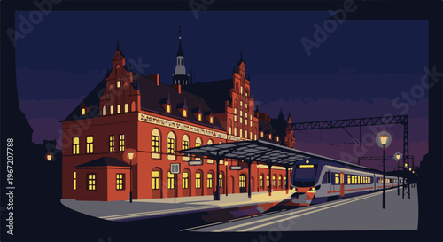 Pixel art train station at twilight with illuminated building