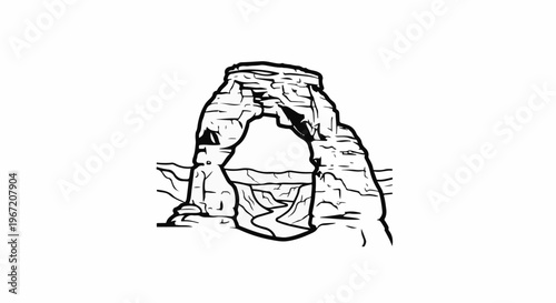 Stylized black and white depiction of a natural sandstone arch with a river canyon below