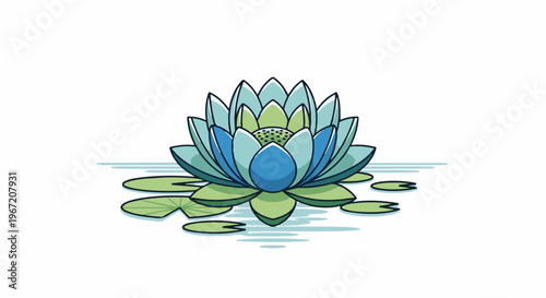 Stylized blue and green lotus flower floats serenely on rippling water