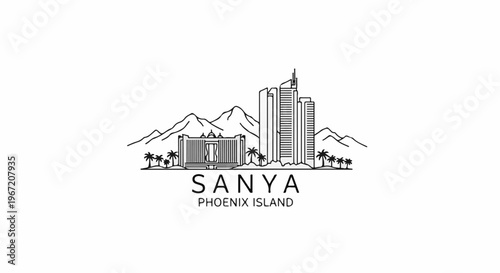 Stylized illustration of a tropical city skyline with mountains and palm trees