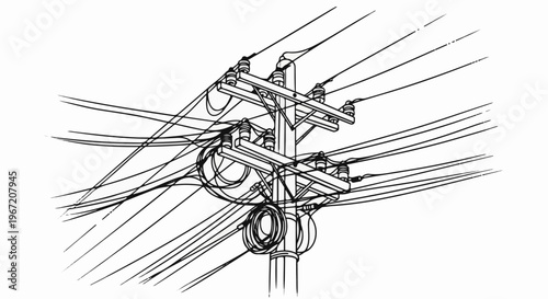 Overhead utility pole with many crisscrossing wires and transformers