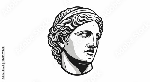 Stylized black and white graphic of an ancient Greek statue head
