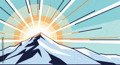 Stylized sunrise over snow-capped mountains with vibrant rays of light
