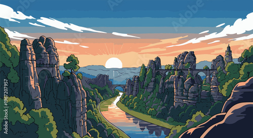 Pixelated river valley with stone bridges and sunlit peaks at sunrise