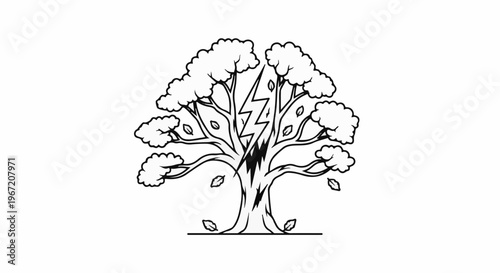 Stylized tree struck by lightning, with falling leaves