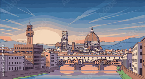 Pixelated Italian city skyline with bridge and domed cathedral at sunset