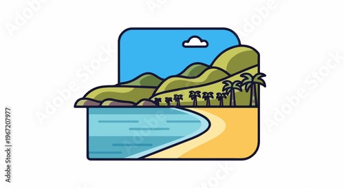 Stylized tropical coastline with rolling green hills and calm blue water