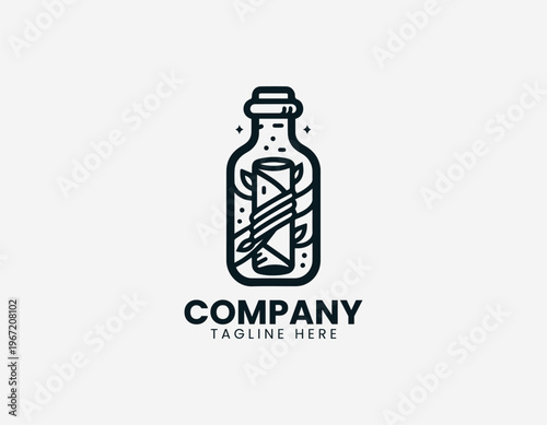 Glass bottle with rolled message inside representing communication discovery and storytelling concept in clean minimalist black vector illustration style on white background