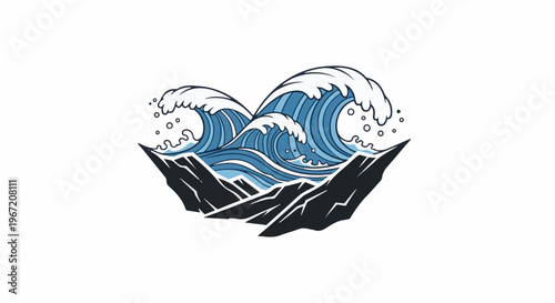 Stylized depiction of crashing ocean waves against dark rocks