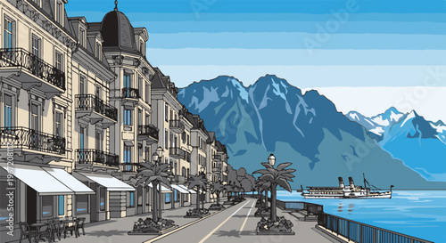 Pixelated lakeside town with grand buildings and snow-capped mountains