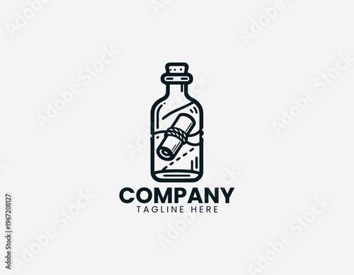 Glass bottle with rolled message inside representing communication discovery and storytelling concept in clean minimalist black vector illustration style on white background