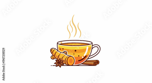 A steaming cup of golden herbal tea with ginger, cinnamon, and anise
