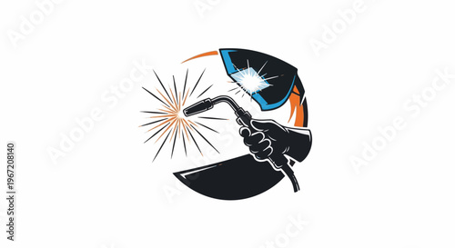 Welder's glove holds torch emitting bright sparks with protective helmet