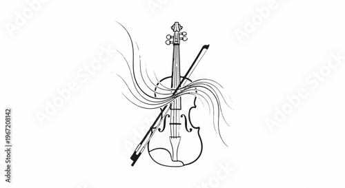 Stylized illustration of a violin with musical notes flowing around it