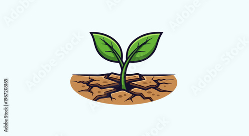 A single green sprout with two leaves emerges from cracked dry earth