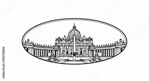Ornate oval outline frames a detailed black and white sketch of a grand, domed building