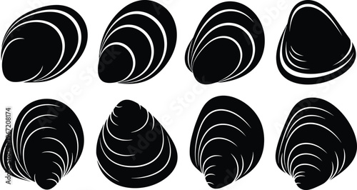 Group of various mussel and clam shapes in black and white style