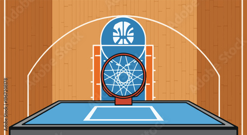 Overhead view of a stylized basketball hoop and court floor