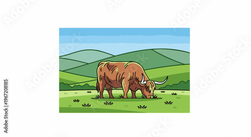 Brown cow with horns grazing in a green field under a blue sky
