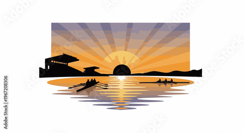 Sunrise over water with rowers and silhouetted structures