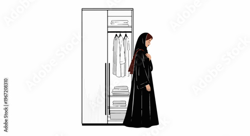 Woman in traditional attire looking into a wardrobe filled with clothes