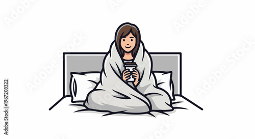 Woman wrapped in blanket holding a cup while sitting in bed